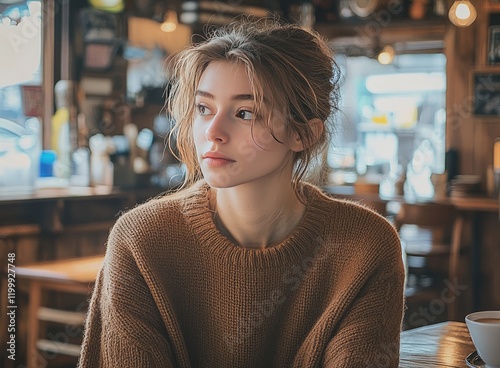Young woman wearing a brown sweater is sitting in a cafe and looking away