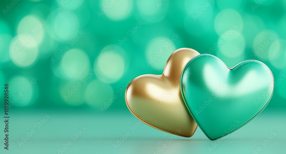 Fototapeta premium Emerald-green-backdrop-enhancing-two-glowing-golden-hearts