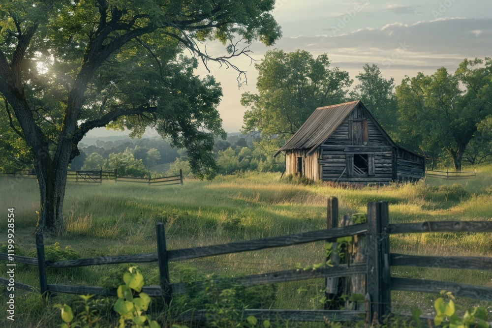 Sun shining through trees on old barn in green field with wooden fence at golden hour Sun shining through trees on old barn in green field with wooden fence at golden hour