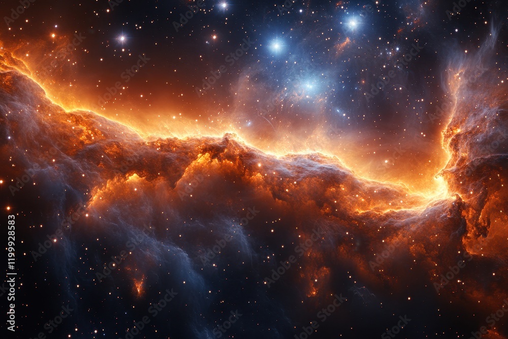 Fototapeta premium Cosmic cloud illuminated by vibrant orange and blue hues in the depths of space