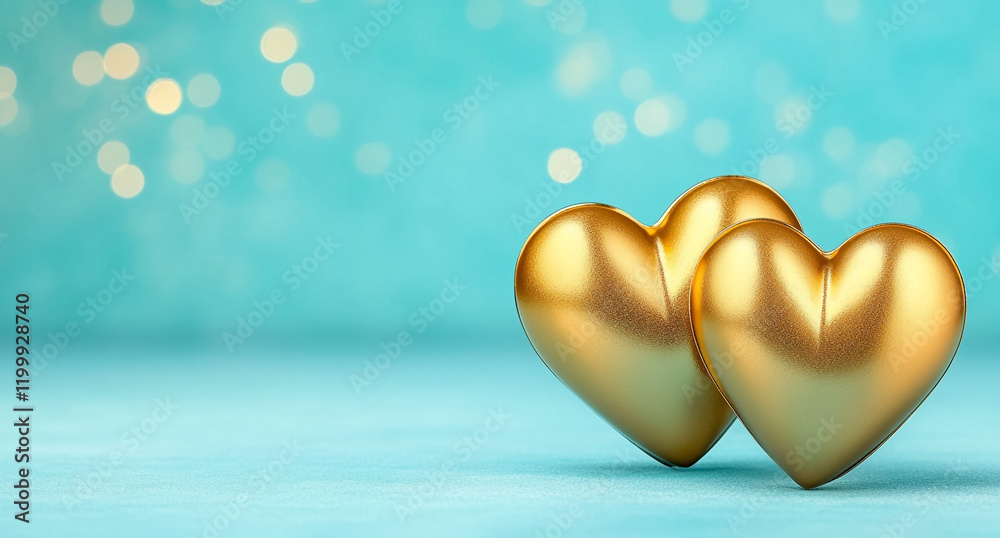 Obraz premium Two-golden-hearts-on-a-soothing-teal-bokeh-background-for-Valentines-Day