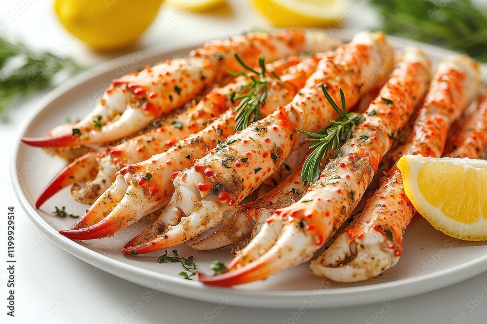 Freshly cooked crab legs served on a plate with lemon wedges and herbs in a bright kitchen setting Freshly cooked crab legs served on a plate with lemon wedges and herbs in a bright kitchen setting