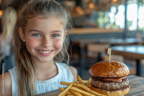 Joyful young girl smiling with a burger and fries at a restaurant, enjoying a delicious meal. photo