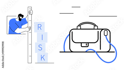 Businessman measuring risk with a vertical scale and blocks spelling RISK beside a business briefcase. Ideal for corporate strategy, risk assessment, financial planning, business tools