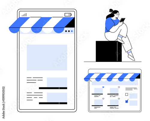 Mobile device and tablet with shopping interfaces under awnings, woman reading while sitting. Ideal for e-commerce, online stores, digital marketing, user engagement, tech, mobile apps retail. Line