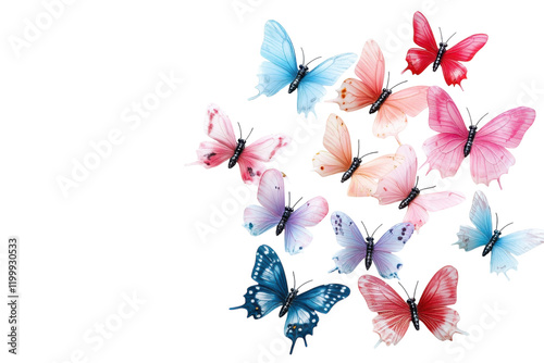 Colorful butterflies in various hues fluttering on a white background