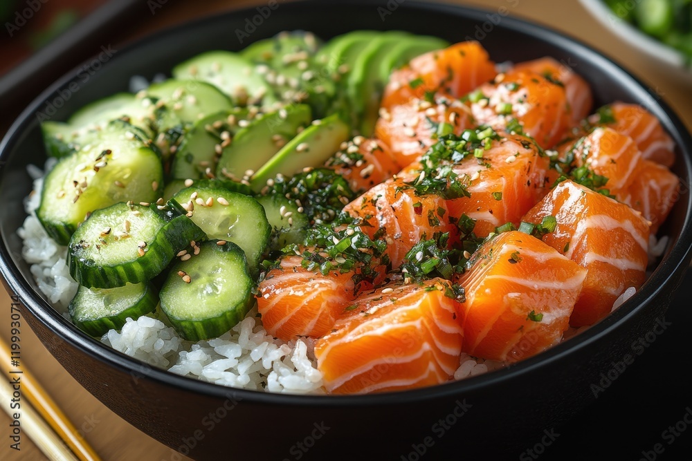 Fresh salmon sashimi and cucumber over rice served in a black bowl with garnishes for a delicious meal experience Fresh salmon sashimi and cucumber over rice served in a black bowl with garnishes for a delicious meal experience