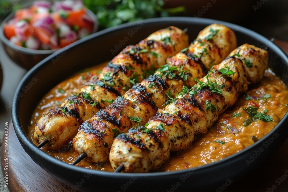 Grilled chicken skewers served with spicy sauce and fresh salad on a wooden table Grilled chicken skewers served with spicy sauce and fresh salad on a wooden table