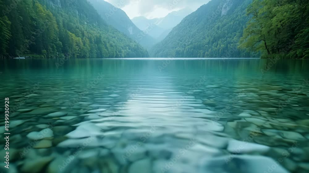 A serene lake surrounded by green mountains under a cloudy sky, reflecting the calm waters with smooth stones visible beneath.