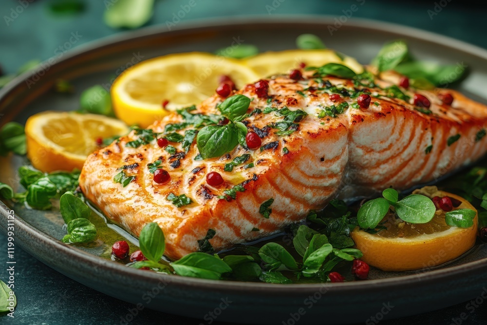 Grilled salmon fillet with fresh herbs and lemon served on a rustic plate Grilled salmon fillet with fresh herbs and lemon served on a rustic plate