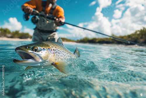 Man fishing in water, holding a large fish. Bright sunny day at peaceful lake.