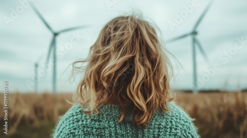 A girl with wavy, blondish hair is seen from behind as she looks out towards large wind turbines on a breezy day in a rural setting, indicating curiosity and reliance on green energy. photo