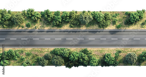 Aerial view of a straight asphalt road with a transparent background. high resolution PNG file