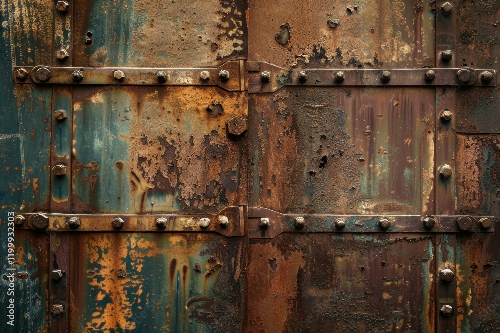 Rusty metal surface with rivets and remnants of paint, creating a textured and weathered industrial background Rusty metal surface with rivets and remnants of paint, creating a textured and weathered industrial background