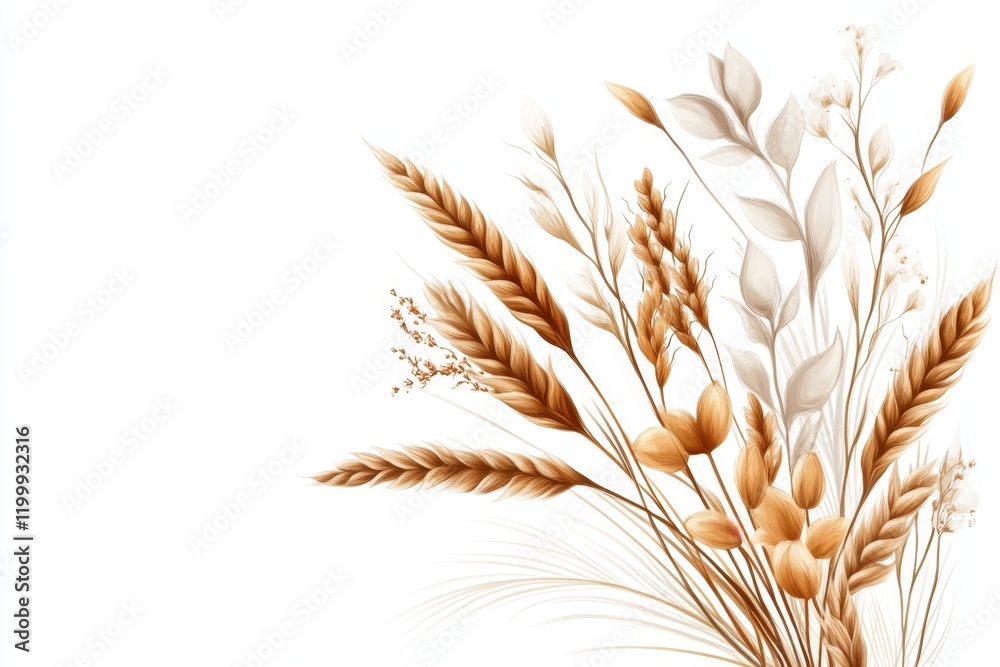 A flat 2D illustration of a single stalk of wheat in golden tones, drawn with simple lines on a white background for a clean aesthetic A flat 2D illustration of a single stalk of wheat in golden tones, drawn with simple lines on a white background for a clean aesthetic