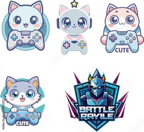 Adorable Gamer Cats and Intense Battle Royale Logo Collection