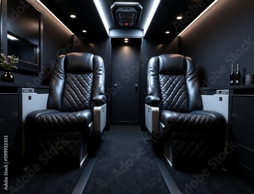 Two plush, black leather seats with diamond-stitched upholstery in a sleek and modern interior. The seats are reclined and facing each other, surrounded by a minimalist black and gray color scheme. photo