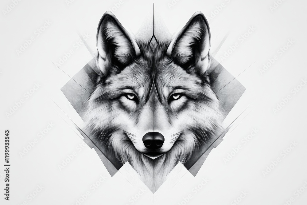 Naklejka premium A geometric depiction of a wolf head, created with sharp angular shapes and monochromatic tones for a modern aesthetic