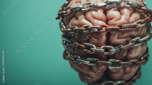 A close-up image of a human brain tightly bound by rusty chains, symbolizing the intense constraints and struggles of the mind against a calming green background. photo