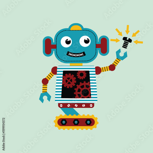 Cute cartoon robot isolated on vector illustration, T-shirt design for kids.