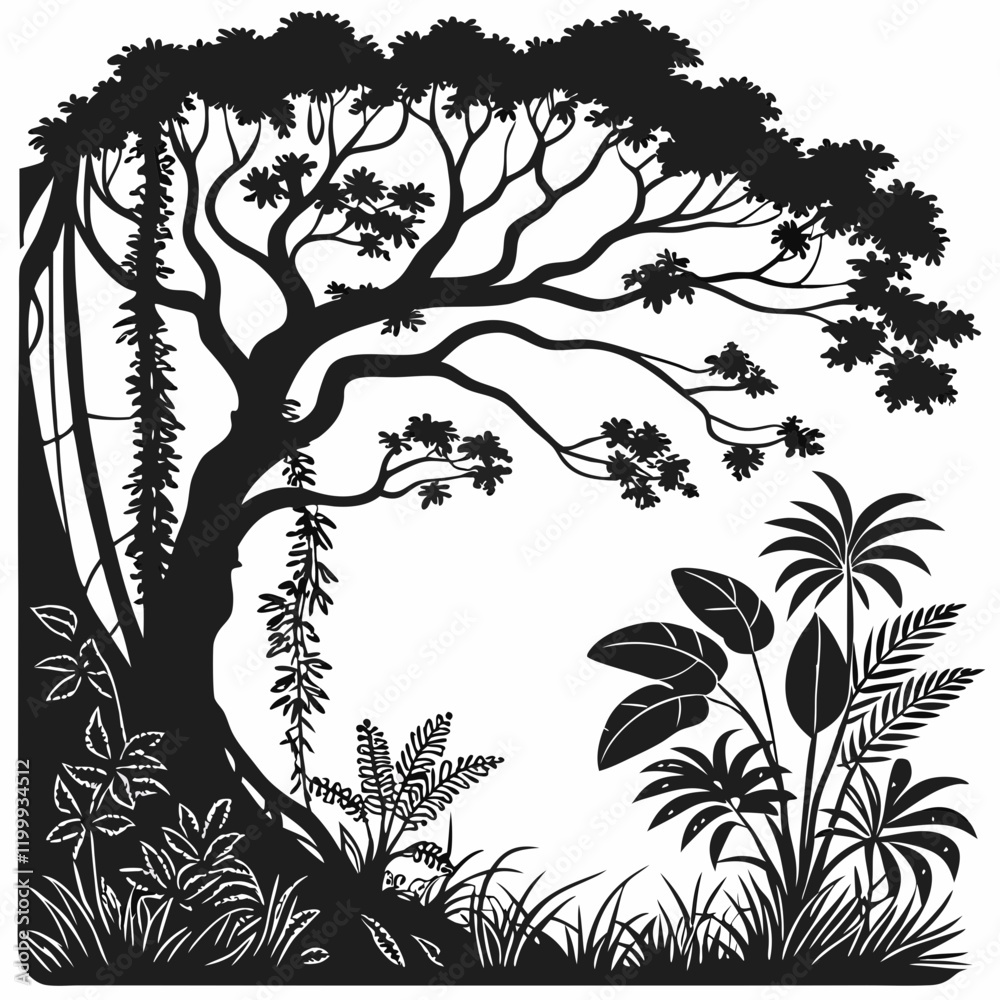Obraz premium Lush Jungle vector silhouette black design white background