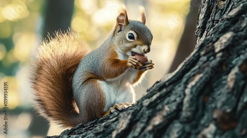 A cute squirrel is sitting on the tree trunk and eating an acorn in a forest background.
