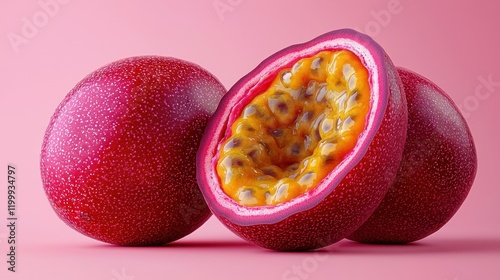 Fototapeta Naklejka Na Ścianę i Meble -  Pink background, passion fruit, cut open, seeds, vibrant.