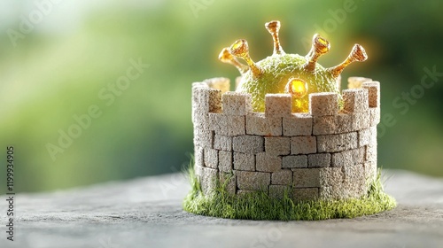 virus and contamination concept. A miniature castle with a glowing virus illustration on top, symbolizing protection and resilience.