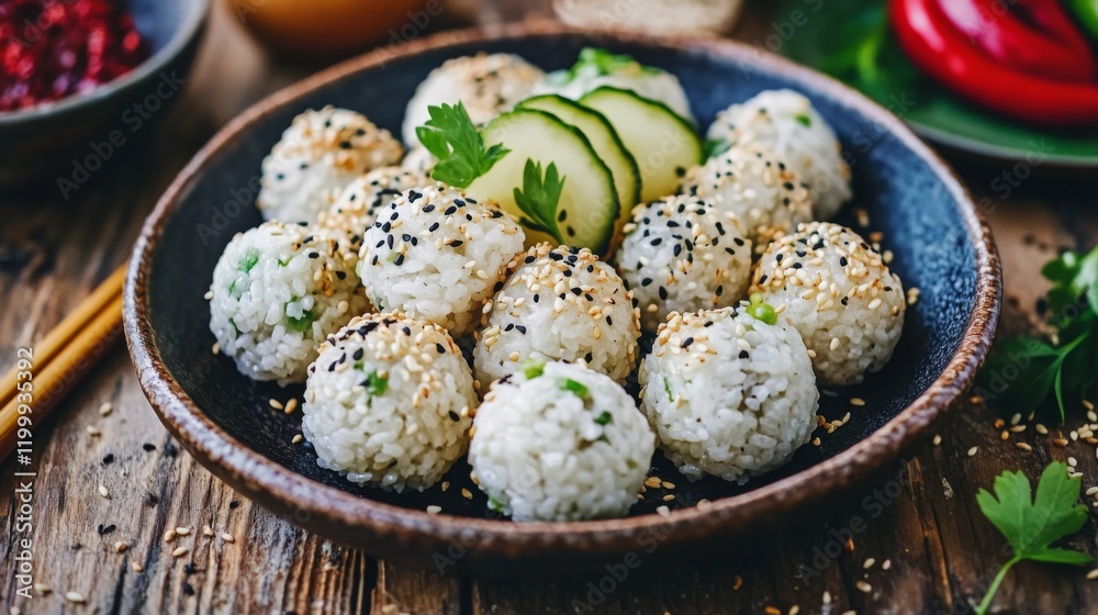 A beautifully arranged plate of rice balls with a variety of fillings, garnished with pickles and sesame seeds, set on a rustic wooden table