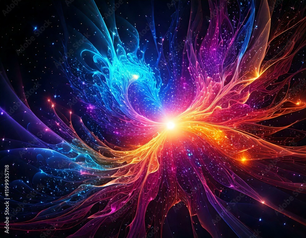 Naklejka premium Abstract neon fractal wallpaper background; geometric shapes on black backdrop