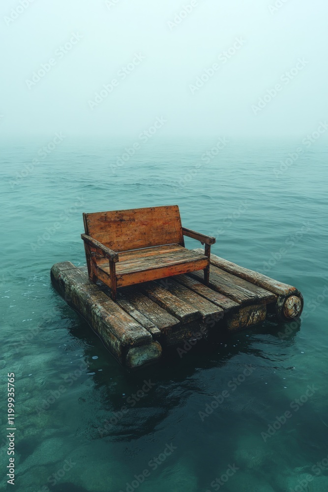 Wooden bench on floating platform, misty water. Wooden bench on floating platform, misty water.