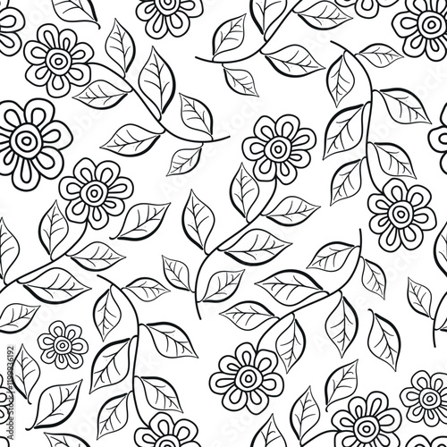 Vector illustration of black monochrome leaves and flowers seamless pattern. Floral organic background. For textiles, wallpaper and packaging. Transparent background
