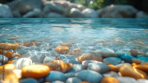 A serene view of clear water gently rippling over colorful pebbles underwater, surrounded by lush greenery in a peaceful setting.