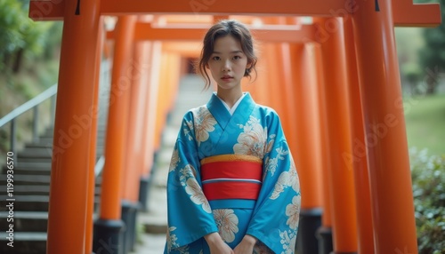 A serene young woman dressed in a stunning blue kimono adorned with floral patterns stands amidst a row of striking orange torii gates. The image captures the essence of Japanese culture, evoking photo