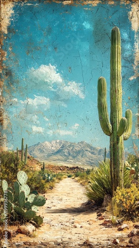 Vintage desert trail landscape with cacti and mountains. Ideal for travel posters, wall art, and southwestern themed designs.