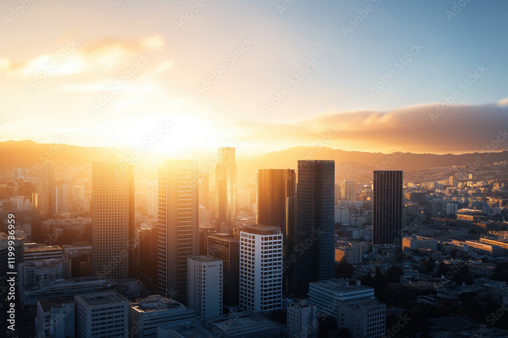 Fototapeta premium Stunning sunset over a vibrant urban skyline filled with skyscrapers and soft clouds