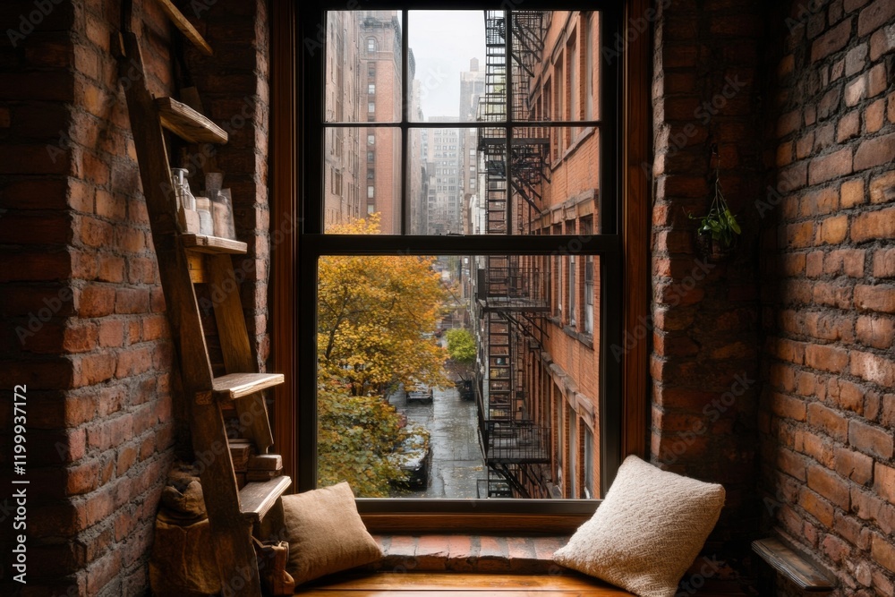 A loft apartment window with a fire escape outside, surrounded by industrial brick walls and city sounds A loft apartment window with a fire escape outside, surrounded by industrial brick walls and city sounds