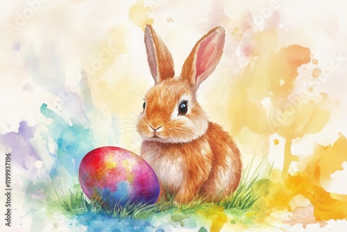 Delightful rabbit with vibrant egg - joyful easter festivities watercolor artwork for springtime celebrations and creative projects photo