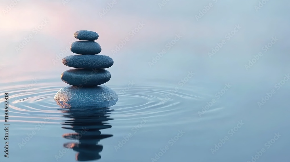 A serene Zen scene with balanced stones stacked on top of each other, creating ripples in the water below. A serene Zen scene with balanced stones stacked on top of each other, creating ripples in the water below.