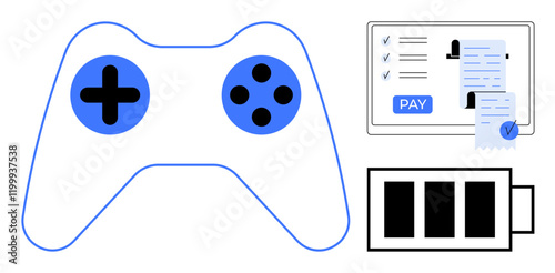 Gaming controller, online payment confirmation on a screen, and a battery icon with full charge. Ideal for concepts of modern tech, gaming, online transactions, energy, efficiency, user interface