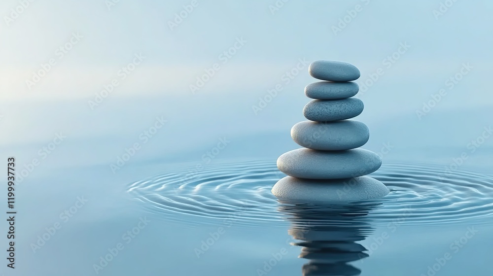 A serene Zen scene with balanced stones stacked on top of each other, creating ripples in the water below. A serene Zen scene with balanced stones stacked on top of each other, creating ripples in the water below.