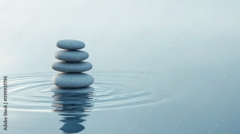 A serene Zen scene with balanced stones stacked on top of each other, creating ripples in the water below. 