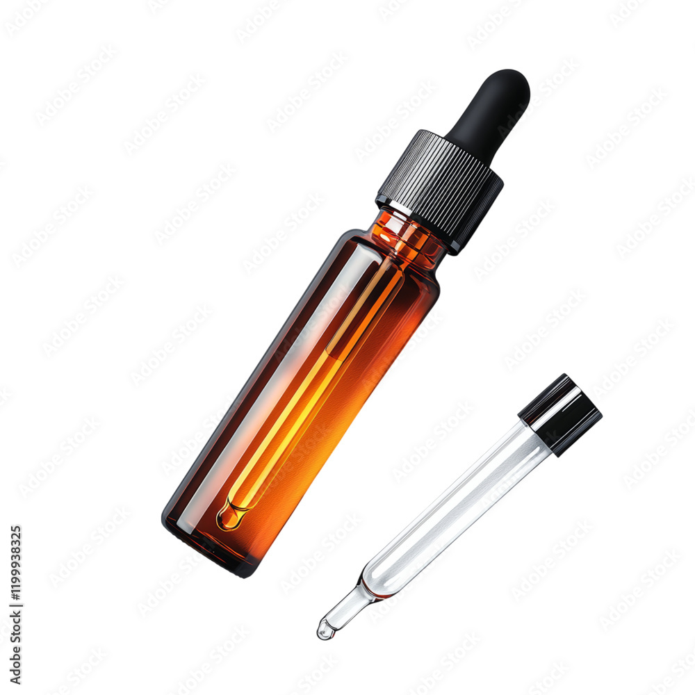 Amber Dropper Bottle with Pipette for Liquid Use Isolated on transparent background Amber Dropper Bottle with Pipette for Liquid Use Isolated on transparent background