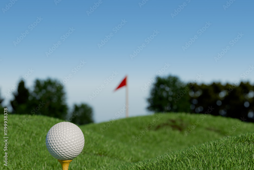 Obraz premium A golf ball on a tee with a flag in the background, set against a clear blue sky. 3d rendering