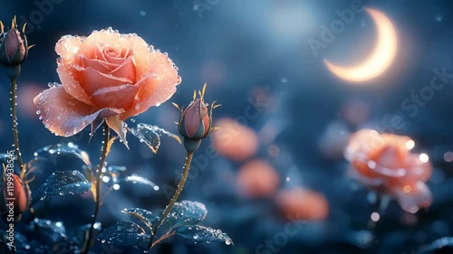 A serene video frame showcasing blooming roses glistening with dew under a gentle moonlight, creating a peaceful and enchanting atmosphere.