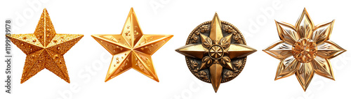 Set of golden star on transparent background, PNG 