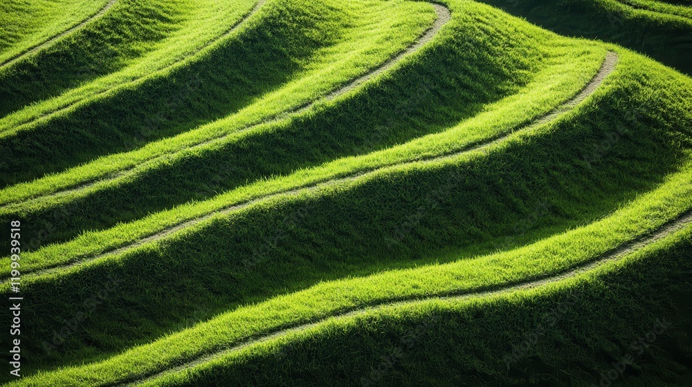 Fototapeta premium Lush Green Terraced Fields with Winding Paths Under Bright Sunlight in a Scenic Landscape