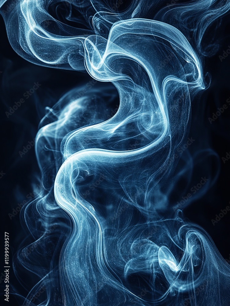 Fototapeta premium Blue smoke creating abstract shapes on black background