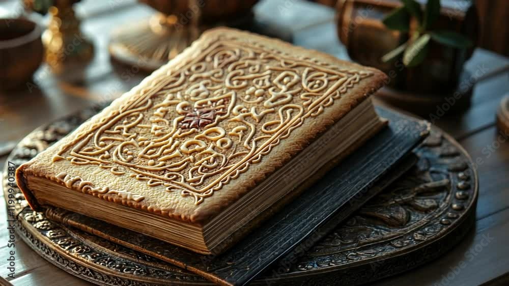 Intricate Caramel Book-Shaped Cake on Antique Books Intricate Caramel Book-Shaped Cake on Antique Books