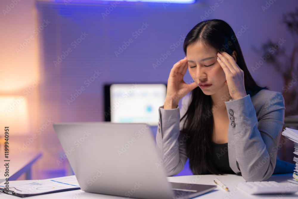 Young asian businesswoman feeling tired and stressed from working on a laptop late at night, suffering from headache and massaging her temples Young asian businesswoman feeling tired and stressed from working on a laptop late at night, suffering from headache and massaging her temples